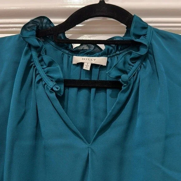 Milly Emerald Green Ruffle Neck Silk Blouse Size Small - Picture 7 of 7